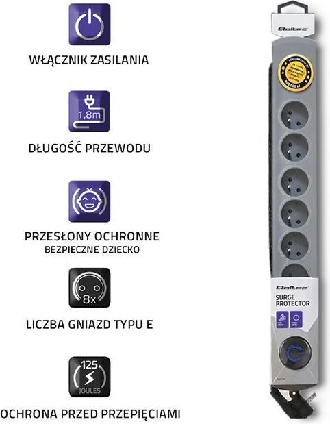 Actual product image Qoltec 50167 Voltage protection 8 AC outputs (8x, CEE 7/3, 1.80 m)