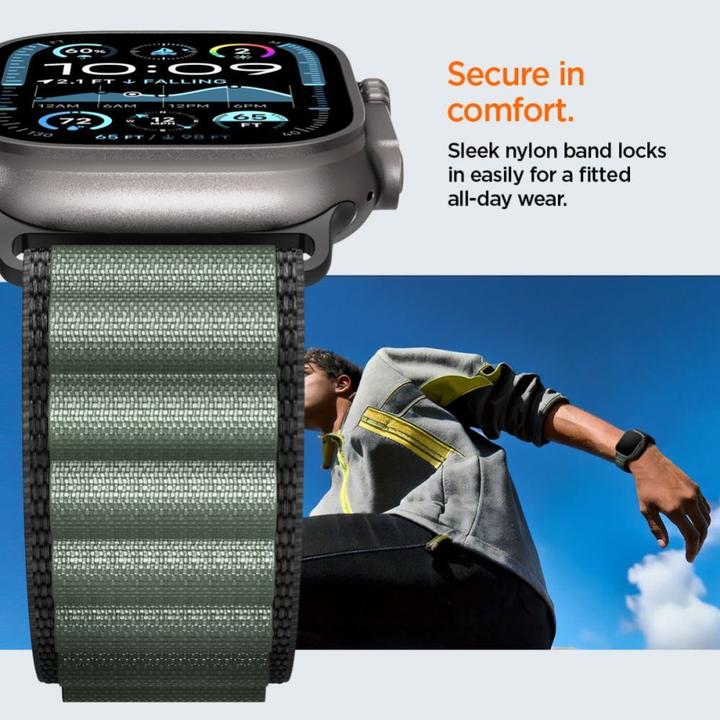 Produktbild Spigen Armband WBF1 Armband für Apple Watch 44 / 45 / 46 / 49 mm - Schwarz und Grün (49 mm, Fabric, Nylon)