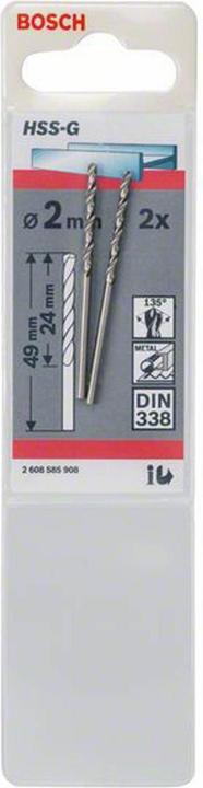 Produktbild Bosch Professional Zubehör Metallbohrer HSS-G, DIN 338, 2 x 24 x 49 mm, 2er-Pack (2 mm)