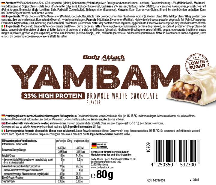 Nährwerte und Zutaten Body Attack Yambam (Peanut Butter Caramel, 1 Stk., 80 g)
