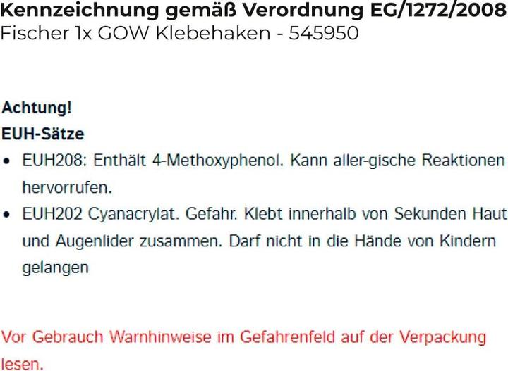 Nährwerte und Zutaten Fischer Klebe-Haken