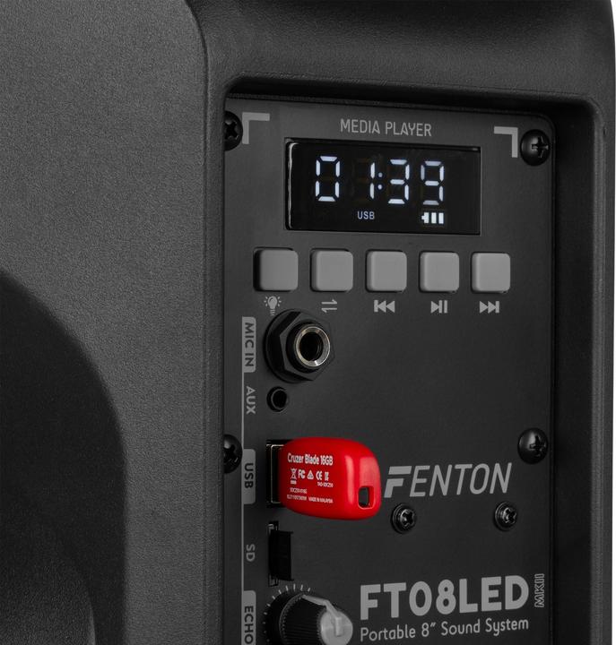 Actual product image Fenton Speaker Bluetooth - FT08LED MK2 karaoke box met LEDâ€™s, accu en microfoon - Voor (Active)