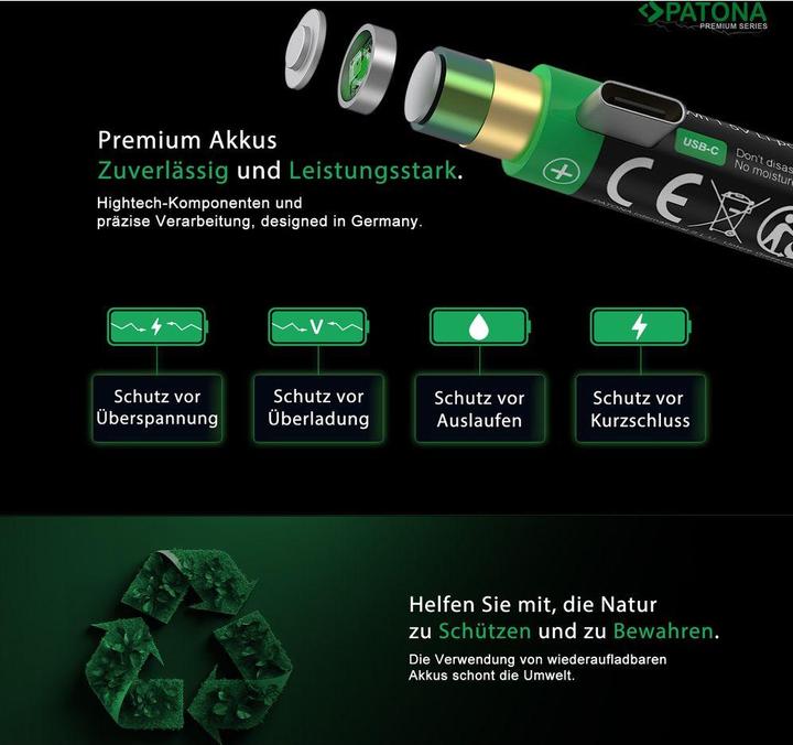 Immagine prodotto Patona Batteria ricaricabile premium 2X LR20 USB-C (Batteria della fotocamera)