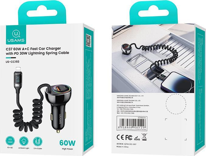 Produktbild Usams Ład. sam. C37 1xUSB+1xUSB-C 60W + kabel Ligtning 30W PD+QC Fast Charge czarny/black CC193CC01