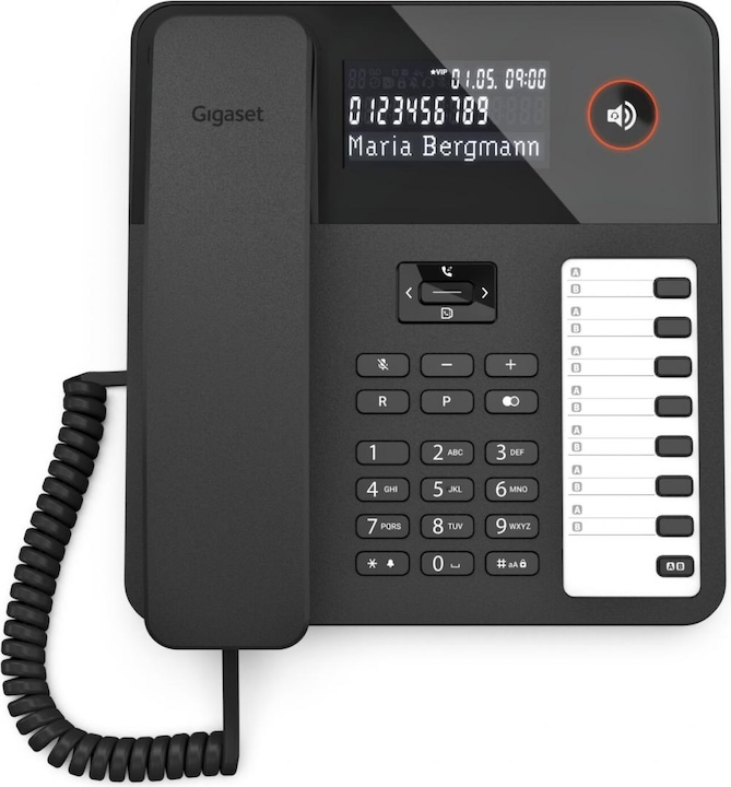 Actual product image Gigaset DESK 600 black corded desk and wall phone 7 direct dial keys phone book Hearing aid compatib