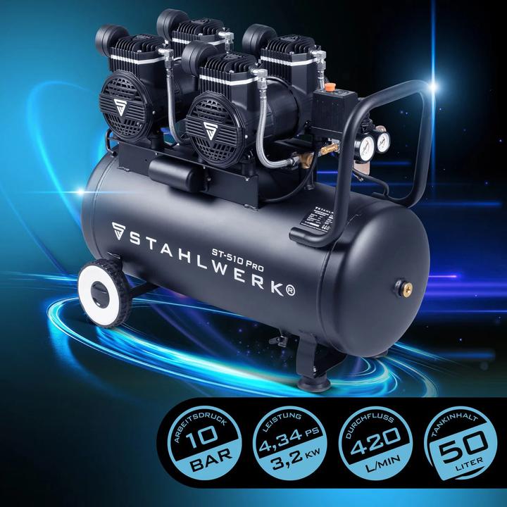 Immagine prodotto Stahlwerk Compressore ST-510 Pro 10 bar 4,3 hp 3,2 kW 420 l/min 50 l serbatoio senza olio (10 bar, 50 l)