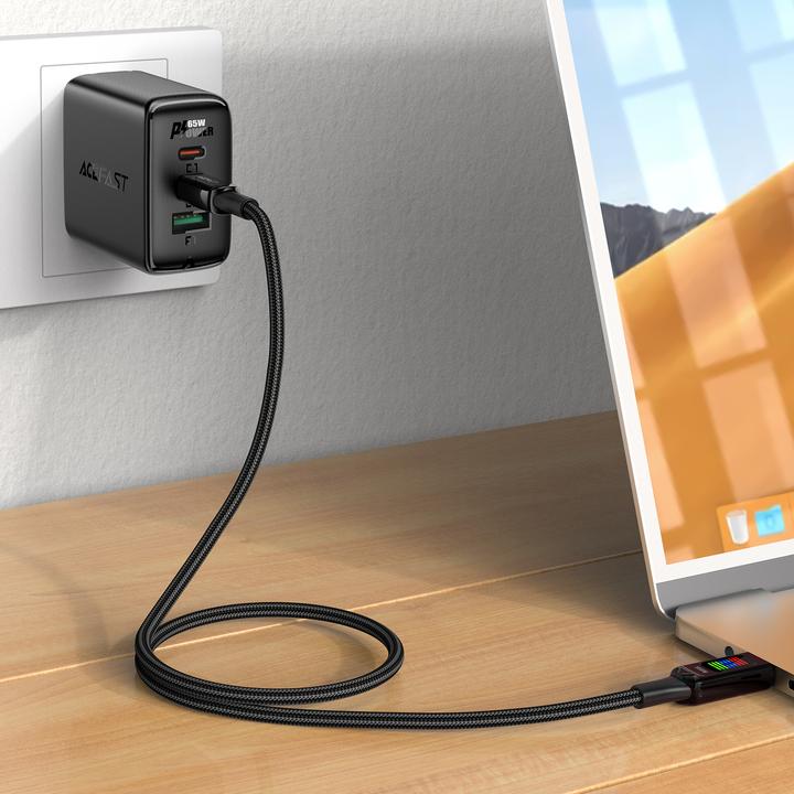 Actual product image Acefast C7-03 USB-C USB-C 100W 1.2m cable with display - black (1.20 m, USB 3.2 Gen 1, 100 W)