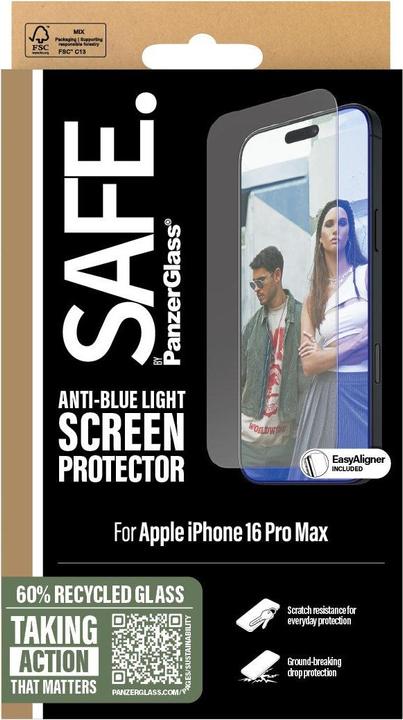 Produktbild PanzerGlass SAFE. by ® Anti-Blau Light Displayschutz iPhone '24 6.9" Pro | Ultra-Wide Fit (1 Stk., Apple iPhone 16 Pro Max)