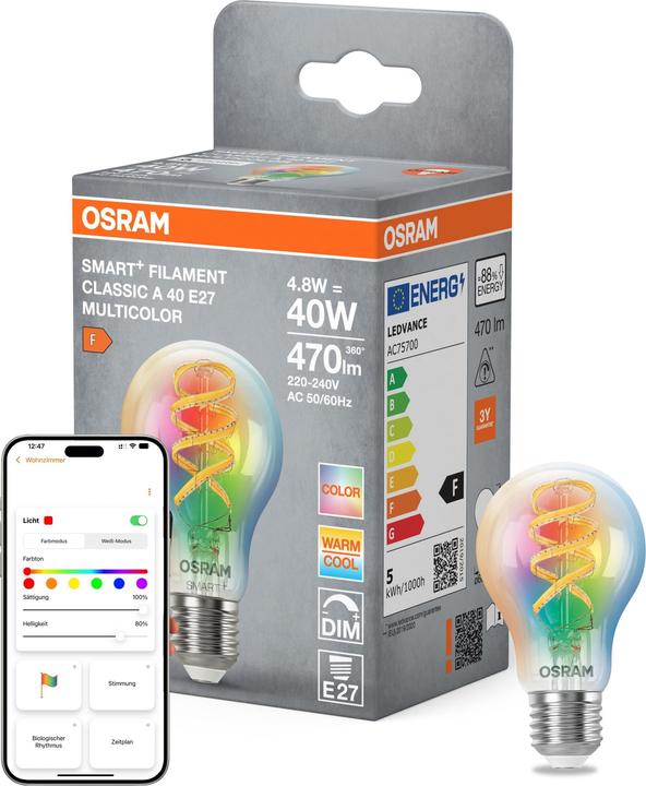 Produktbild Osram SMART+ MATTER Filament Classic A40 4.8W 827...865 Multicolor E27 (E27, 470 lm, 4x)