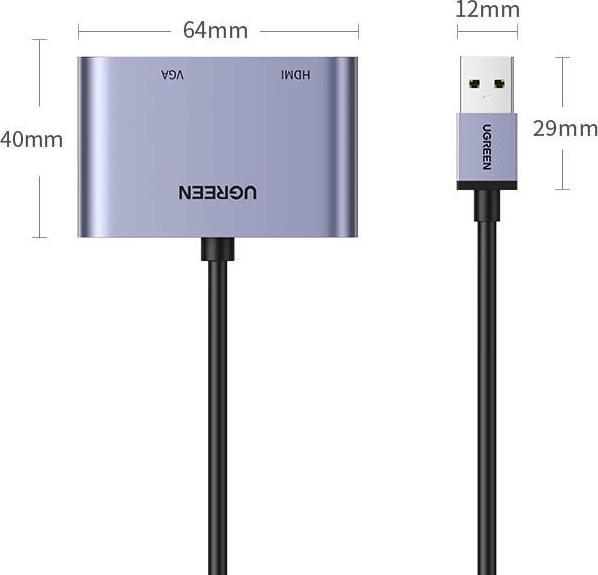 Immagine prodotto Ugreen adattatore convertitore USB - HDMI 1.3 (1920 x 1080@60Hz) + VGA 1.2 (1920 x 1080@60Hz) grigio