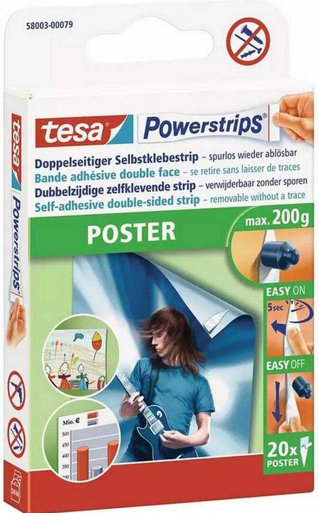 tesa 3x Powerstrips POSTER, 200g Halteleistung, 60x doppelseitige Klebestreifen