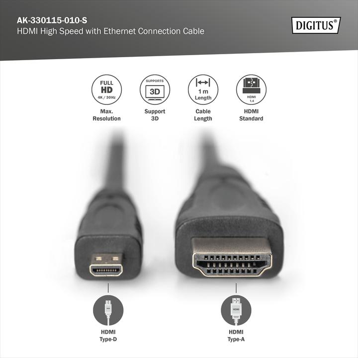 Immagine prodotto Digitus micro HDMI (Typ D) — HDMI (Typ A) (1 m, HDMI, 1.4)