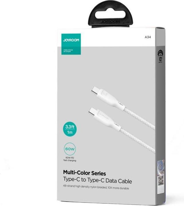Produktbild Joyroom Multi-Color Series SA34-CC3 USB-C/USB-C-Kabel 60 W, schnelle Übertragung, 1 m – Weiss (1 m, USB 2.0, 60 W)