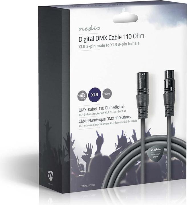 Actual product image Nedis DMX Adapter Cable XLR 3-Pin Male XLR 3-Pin Female Nickel Plated 10.0 m Round PVC Dark Grey Gif (10 m, XLR Cables)
