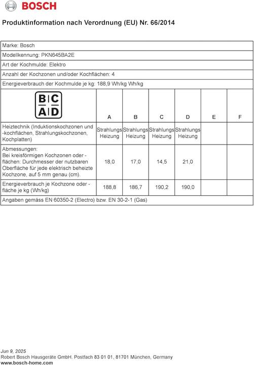 Nährwerte und Zutaten Bosch Hausgeräte PKN645BA2E