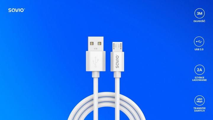 Produktbild Savio USB Kabel 3 m USB 2.0 USB A - Micro USB Weiss CL-167 (3 m, USB 2.0)