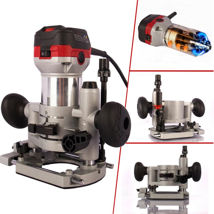 1x router with plunge base, Dust extraction adapter, Depth stop, Tool pouch, Rip fence, Trimmer, Transportation box, Copy sleeve, Milling head spanner, 12-piece milling head set