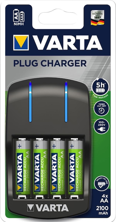 Varta Plug Charger (4 Stk., AA, 2100 mAh, Ladegerät inkl. Akku)