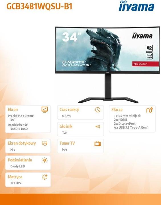 Actual product image iiyama 34" CURVED QHD 180Hz / HAS (3440 x 1440 pixels, 34")