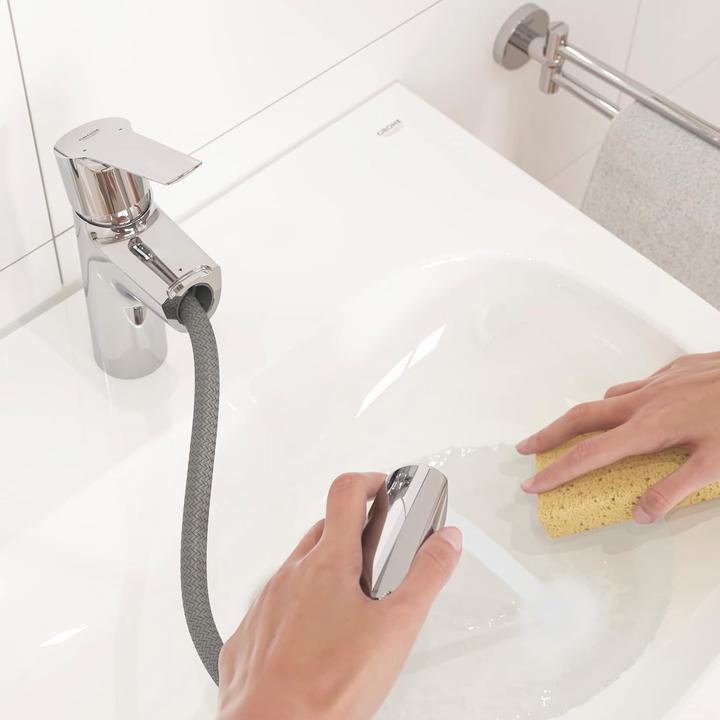 Actual product image Grohe Start QuickFix Lavaboarmatur, herausziehbare Auslauf, Push-Open Ablauf, M-Size, Chrom