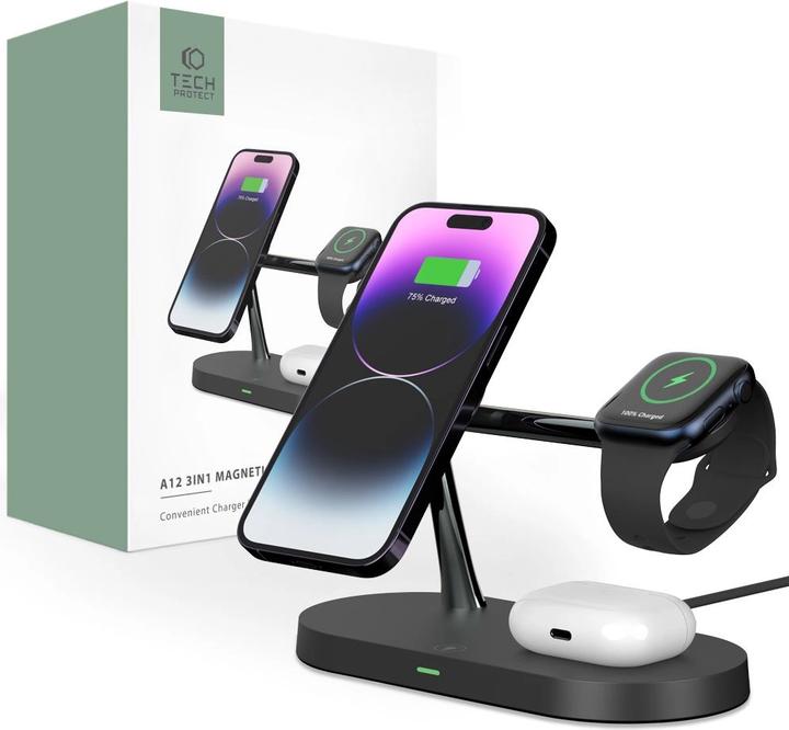 Productafbeelding Tech-Protect Oplader inductie A12 3w1 MagSafe 15W zwart (15 W)