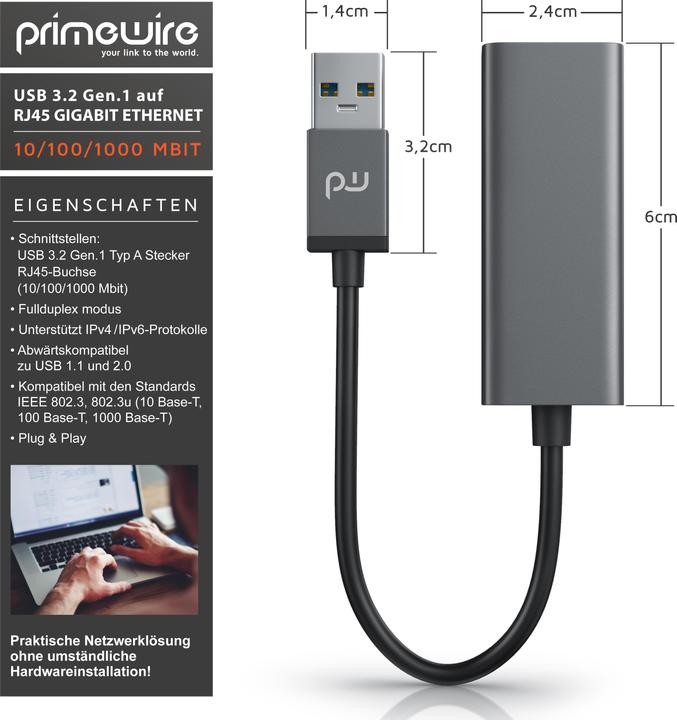 Produktbild Primewire Netzwerk Adapter USB Typ A zu RJ-45 Ethernet, USB 3.2 Netzwerkadapter extern mit Gigabit RJ45 Port (USB-C 3.2 Gen 1, RJ45 (1x))
