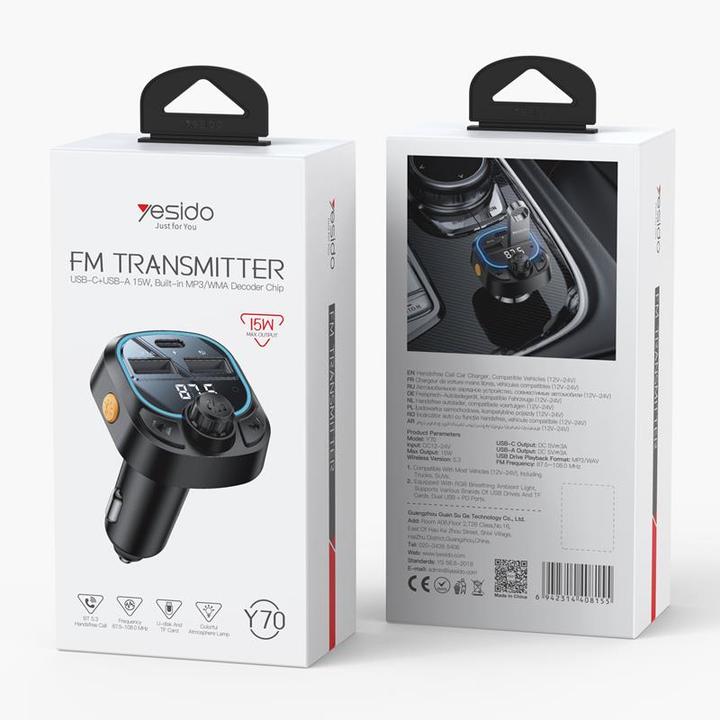 Produktbild Yesido Bluetooth & FM Transmitter Autoladegerät 2x USB-A/1x USB-C - Schwarz