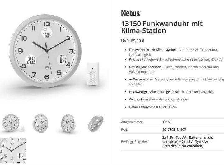 Produktbild Mebus 13150 Funk Wanduhr (30 cm)