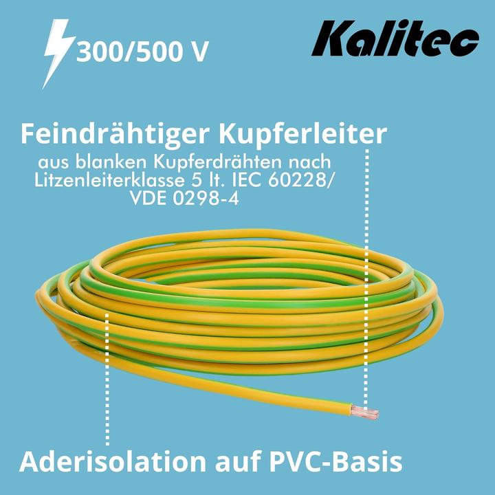 Produktbild Kalitec 10 Meter H05V-K 1 mm² grün-gelb Verdrahtungsleitung I Aderleitung I PVC Einzelader I Litze 1 (10 m)