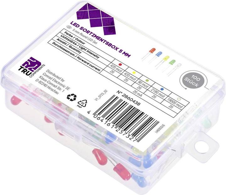 Produktbild Tru Components LED bedrahtet Rot, Gelb, Blau, Gelb-Grün, Warmweiss Rund 90 mcd