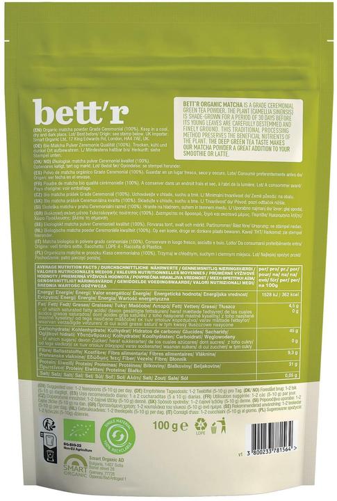 Valeurs nutritives et ingrédients Bett'r Poudre de Matcha (100 g)