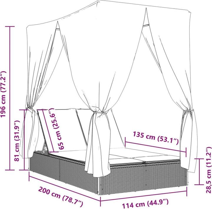 Produktbild vidaXL Doppelliege Sonnenliege Gartenliege mit Dach Vorhängen Beige Poly Rattan (114 cm)