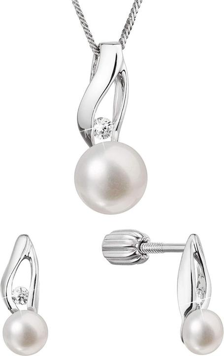 Evolution Group - Silver jewelry set with real pearls and zircons 29070.1B (earrings. chain. (Silver)