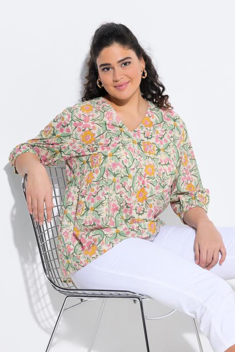 Immagine prodotto Ulla Popken Blusa dal taglio svasato con fiori, scollo a V e maniche a 3/4 (46, 48)
