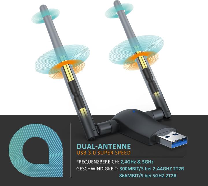 Immagine prodotto Aplic WLAN Stick, Dongle WIFI USB 3.0, 1200 MBit/s Dual Band 2.4 + 5 Ghz antenne esterne (USB)