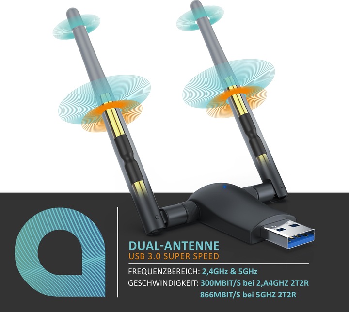 Produktbild Aplic WLAN Stick, WIFI Dongle USB 3.0, 1200 MBit/s Dual Band 2,4 + 5 Ghz externe Antennen (USB)