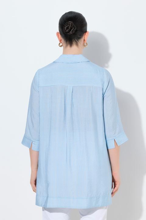 Immagine prodotto Ulla Popken Camicetta lunga, a righe/fiori, dal taglio lungo e svasato, colletto da camicia e maniche a 3/4 (58, 60)