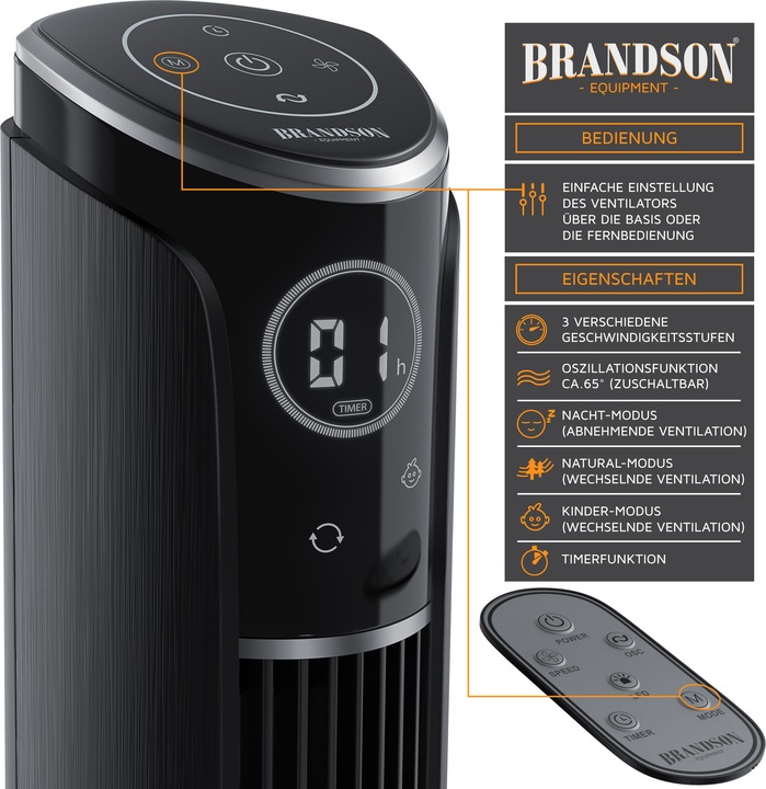 Produktbild Brandson Turmventilator, Fernbedienung, Standventilator 108 cm, 10° neigbar, Oszillation, 4 Modi, schwarz (52 dB)