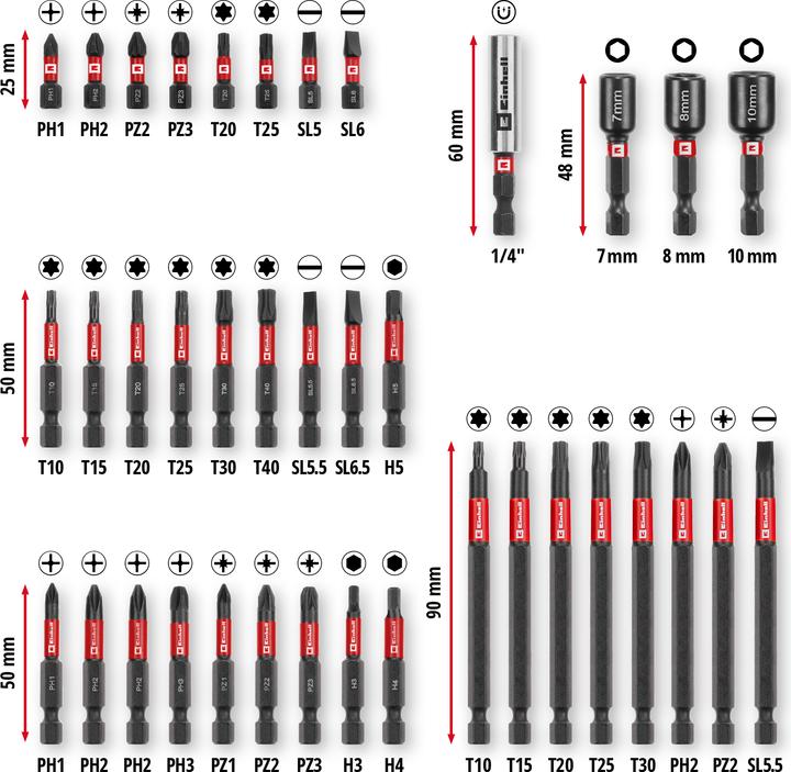 Actual product image Einhell Impact bit set, 109250, M-case, 38 pieces (90 mm, 50 mm, 60mm)