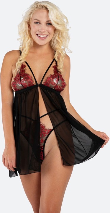 Productafbeelding Christine Le Duc Babydoll met string Fleur de Plaisir zwart/rood (S/M)
