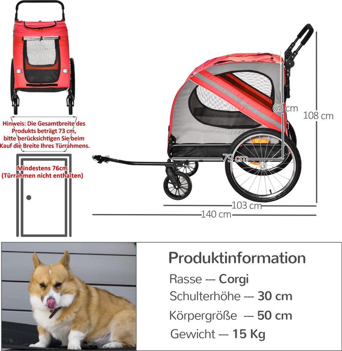 Produktbild PawHut 2-in-1 Hundewagen und Anhänger mit Luftpumpe und roter Fahne