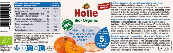 Valori nutrizionali e ingredienti Holle Zucca con pollo (190 g)