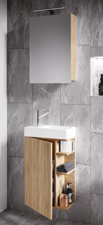 Produktbild VCM 3-tlg Badmöbel Set Gäste WC Gästebad Waschplatz Waschtisch klein schmal Lumia Spiegelschrank