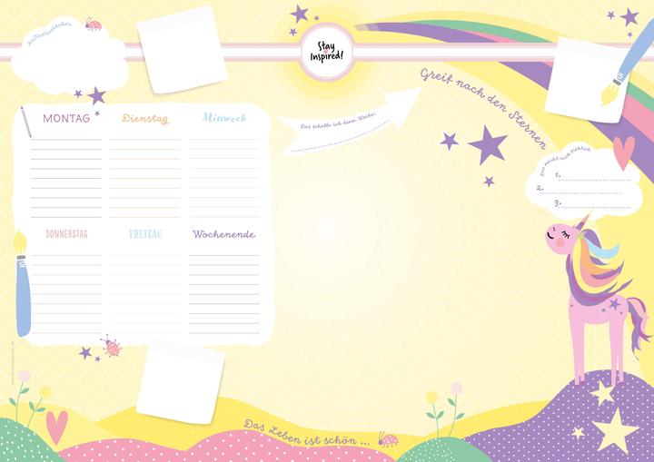 Actual product image Children's desk pad made of paper in yellow/pink with unicorn motif, 50 sheets to tear off in DIN (59.4 x 42 cm)