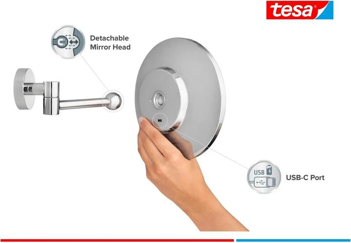 Produktbild tesa VISIOON LED-Kosmetikspiegel mit Beleuchtung, 5-fach-Vergröss. - Wandmontage ohne Bohren, Chrom