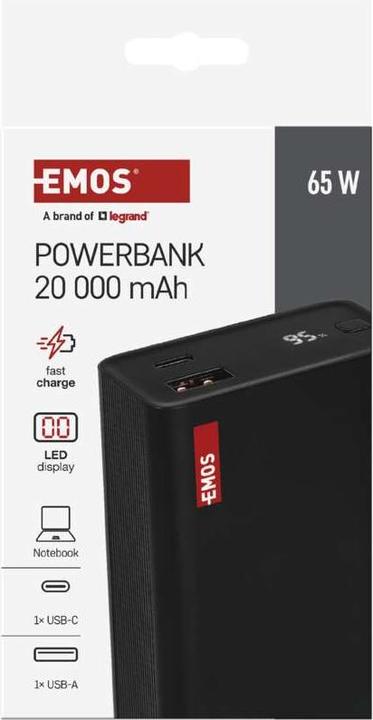 Actual product image Emos Powerbank NTBF20, 20 000 mAh, 65 W PD, schwarz (20000 mAh, 65 W, 74 Wh)