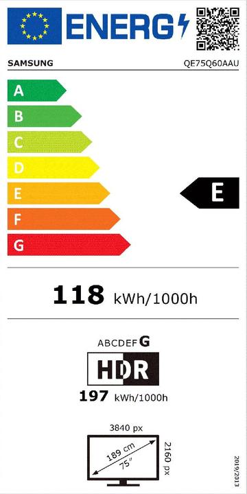 Energie-Label Samsung Series 6 QE75Q60AAU (75 Zoll) Ultra HD Smart-TV WLAN (75", QLED, 4K)