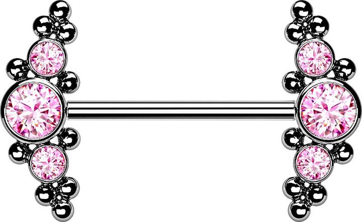 Actual product image Star Piercing Threadless Barbell silber front mittig mit Kugeln und drei Kristalle pink (without brass, Titanium)