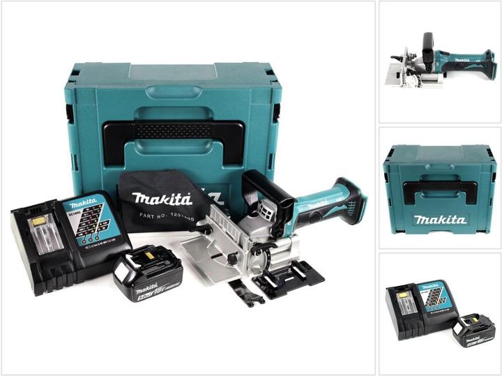 1x Makita DPJ 180 18 V Li-Ion cordless slot cutter, 1x Makita Makpac with insert, 1x dust bag 1231505- 1x setting plate 4155792- 1x pre-clamp, 1x 5.0 Ah battery, 1x charger