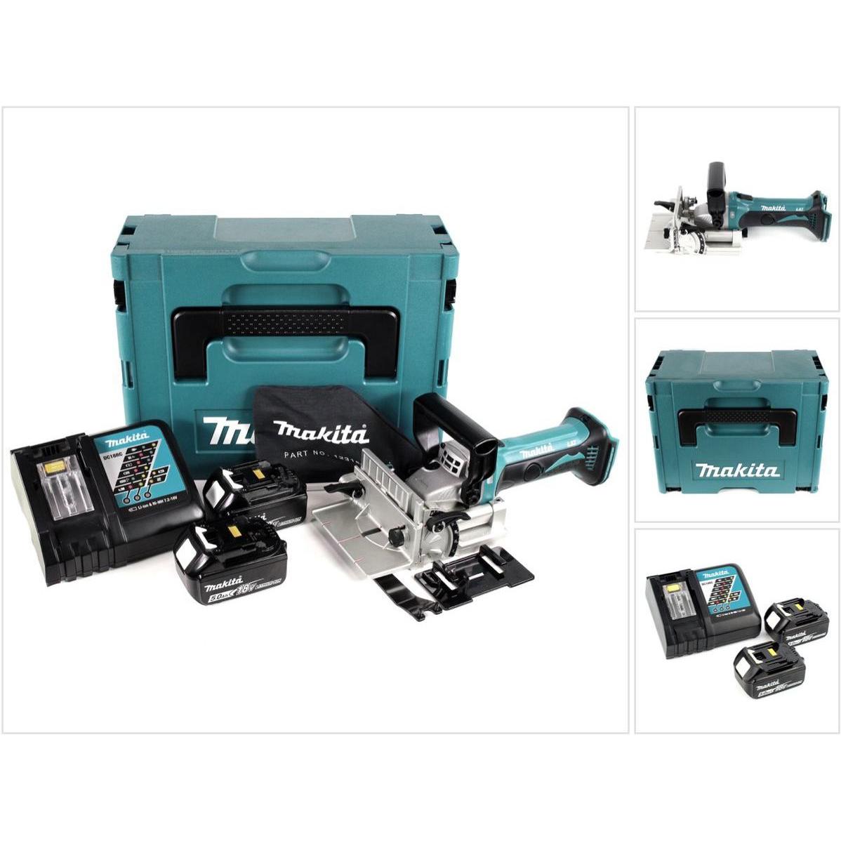 Makita, Fräse, DPJ 180 RTJ 18 V Li-Ion Akku Nutfräse im Makpac + 2 x 5,0 Ah Akku + Ladegerät